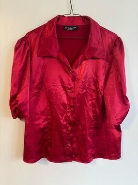 SC Collection Red Satin Short Sleeve Button Down Blouse Size XL